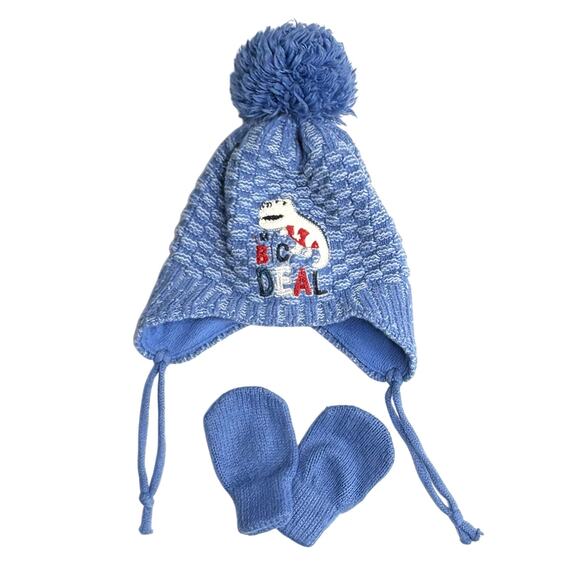 Kitti "I'm a Big Deal" Dinosaur 3pc Blue Knit Scarf Hat Mittens Set 0-18 Months - Picture 2 of 5
